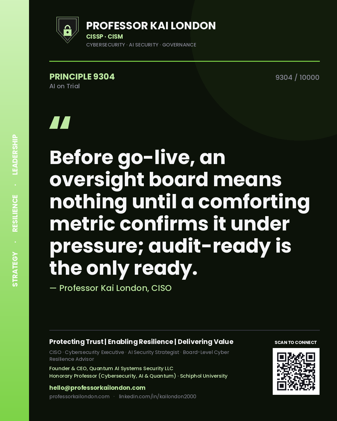Quote card by Professor Kai London reading 'Before go-live, an oversight board means nothing until a comforting metric confirms it under pressure; audit-ready is the only ready.'. From the book AI on Trial.