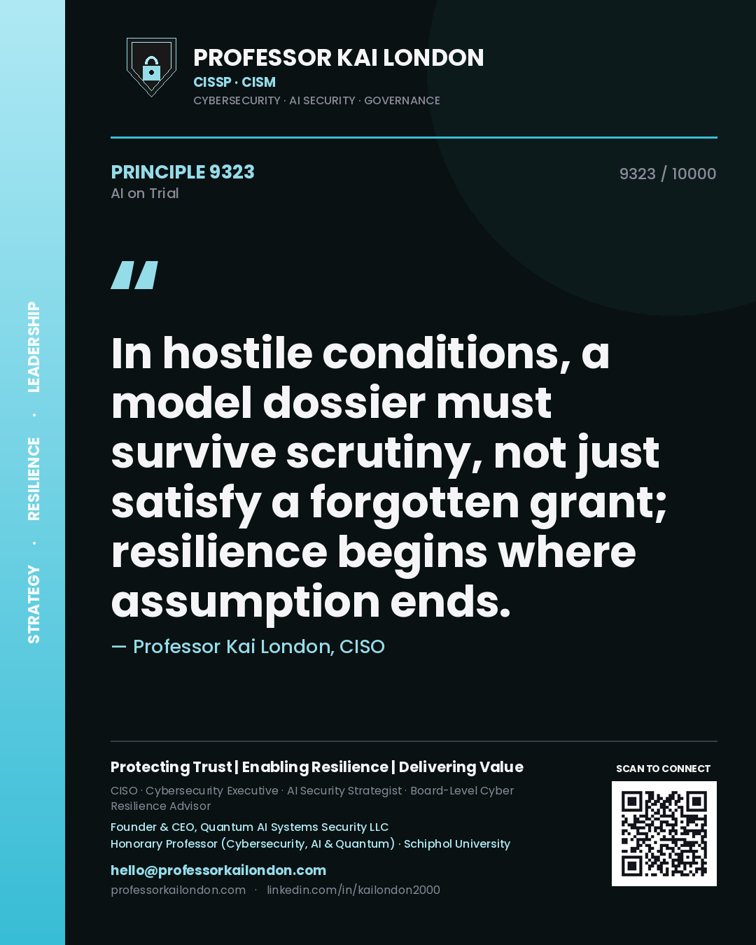 Quote card by Professor Kai London reading 'In hostile conditions, a model dossier must survive scrutiny, not just satisfy a forgotten grant; resilience begins where assumption ends.'. From the book AI on Trial.