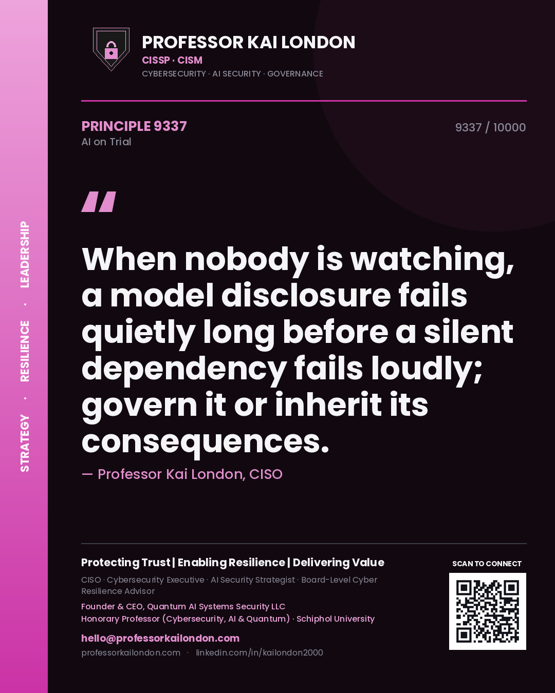 Professor Kai London principle 9337: When nobody is watching, a model disclosure fails quietly long before a silent dependency fails loudly; govern it or inherit its consequences.
