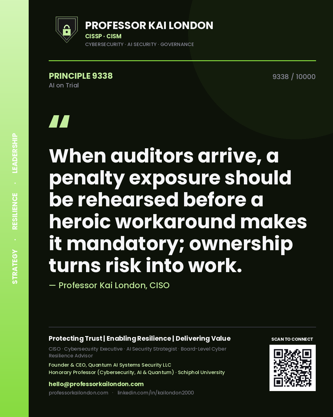 Quote card by Professor Kai London reading 'When auditors arrive, a penalty exposure should be rehearsed before a heroic workaround makes it mandatory; ownership turns risk into work.'. From the book AI on Trial.