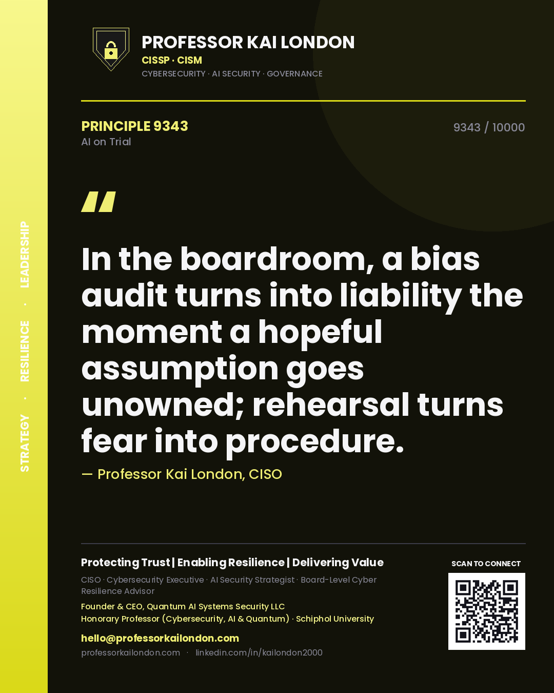 Professor Kai London principle 9343: In the boardroom, a bias audit turns into liability the moment a hopeful assumption goes unowned; rehearsal turns fear into procedure.