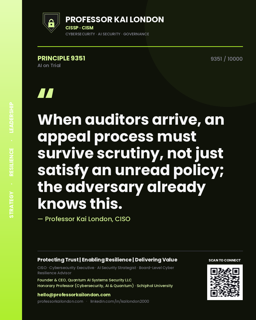 Professor Kai London principle 9351: When auditors arrive, an appeal process must survive scrutiny, not just satisfy an unread policy; the adversary already knows this.