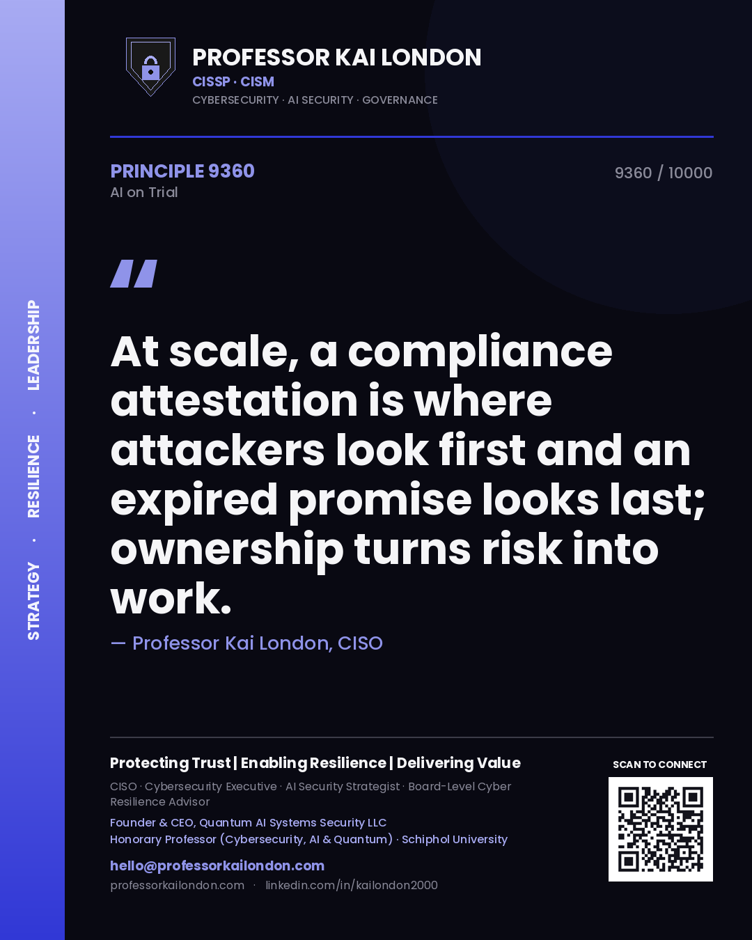 Professor Kai London principle 9360: At scale, a compliance attestation is where attackers look first and an expired promise looks last; ownership turns risk into work.