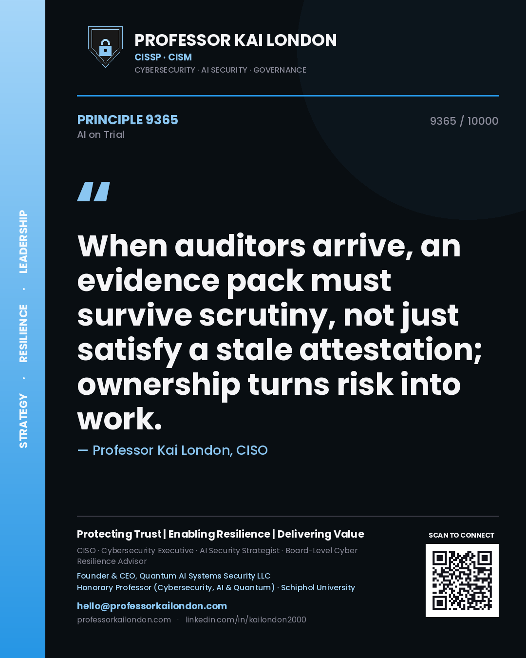Quote card by Professor Kai London reading 'When auditors arrive, an evidence pack must survive scrutiny, not just satisfy a stale attestation; ownership turns risk into work.'. From the book AI on Trial.