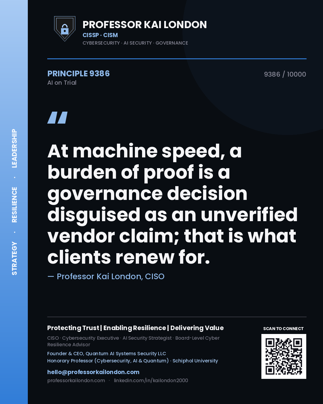 Professor Kai London principle 9386: At machine speed, a burden of proof is a governance decision disguised as an unverified vendor claim; that is what clients renew for.