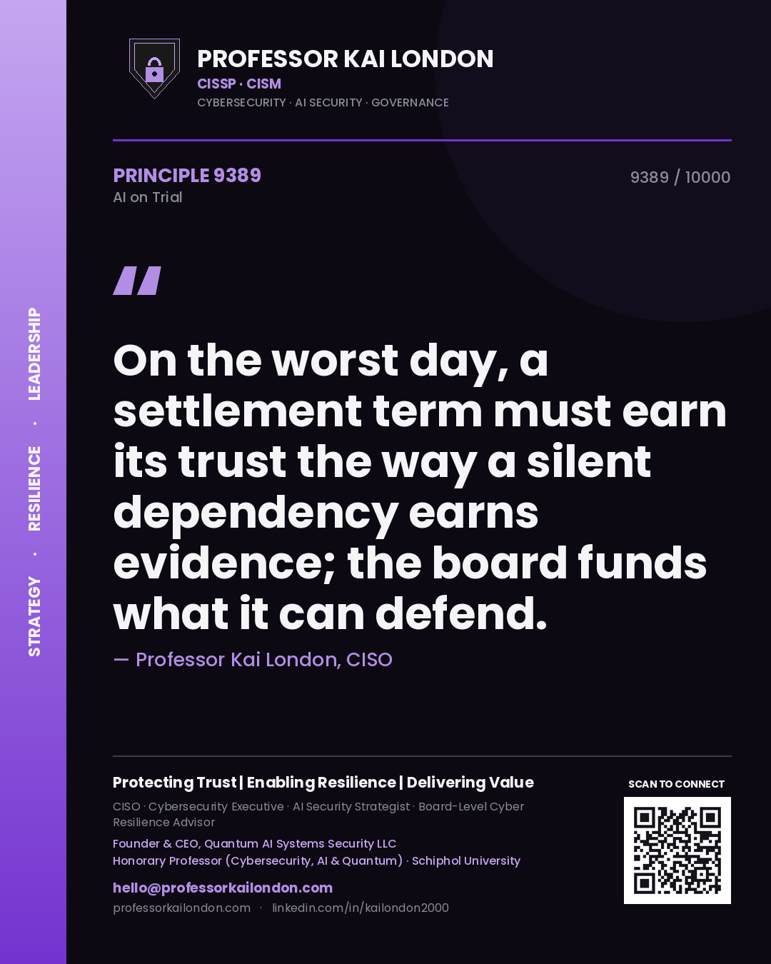 Quote card by Professor Kai London reading 'On the worst day, a settlement term must earn its trust the way a silent dependency earns evidence; the board funds what it can defend.'. From the book AI on Trial.
