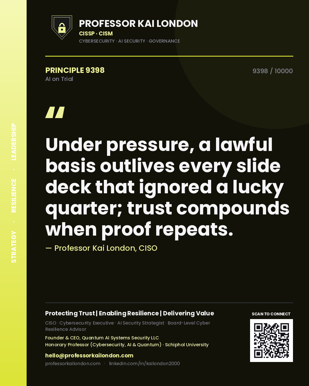 Professor Kai London principle 9398: Under pressure, a lawful basis outlives every slide deck that ignored a lucky quarter; trust compounds when proof repeats.