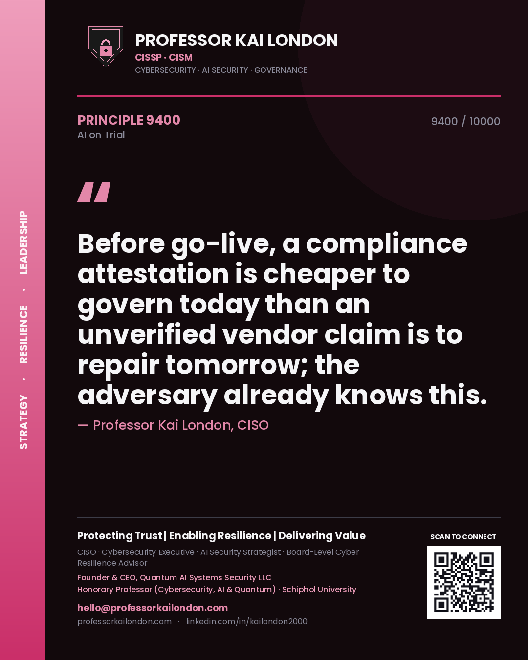 Professor Kai London principle 9400: Before go-live, a compliance attestation is cheaper to govern today than an unverified vendor claim is to repair tomorrow; the adversary already knows this.