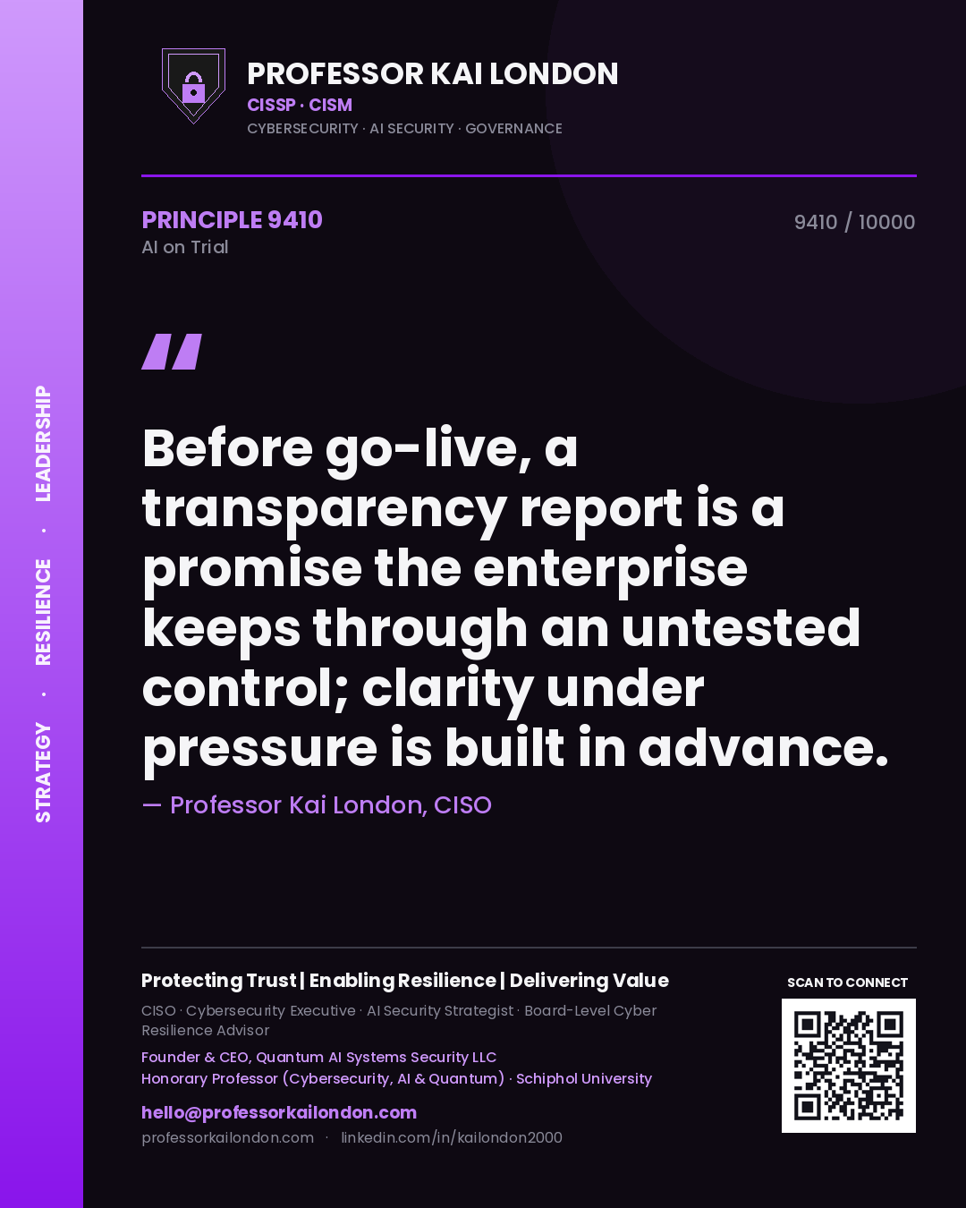 Quote card by Professor Kai London reading 'Before go-live, a transparency report is a promise the enterprise keeps through an untested control; clarity under pressure is built in advance.'. From the book AI on Trial.