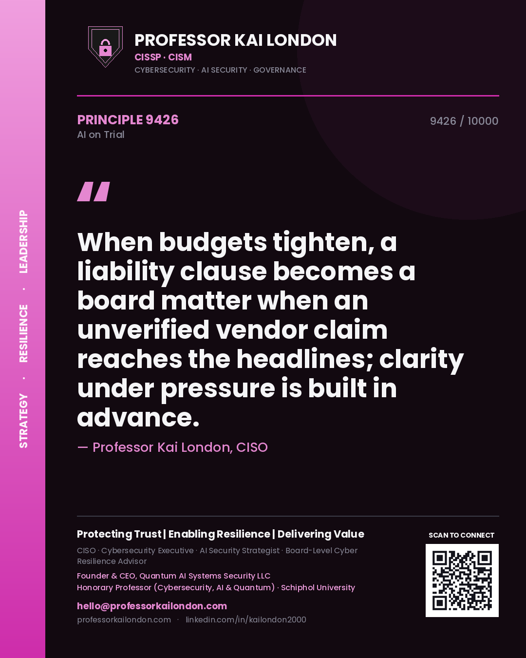 Quote card by Professor Kai London reading 'When budgets tighten, a liability clause becomes a board matter when an unverified vendor claim reaches the headlines; clarity under pressure is built in advance.'. From the book AI on Trial.