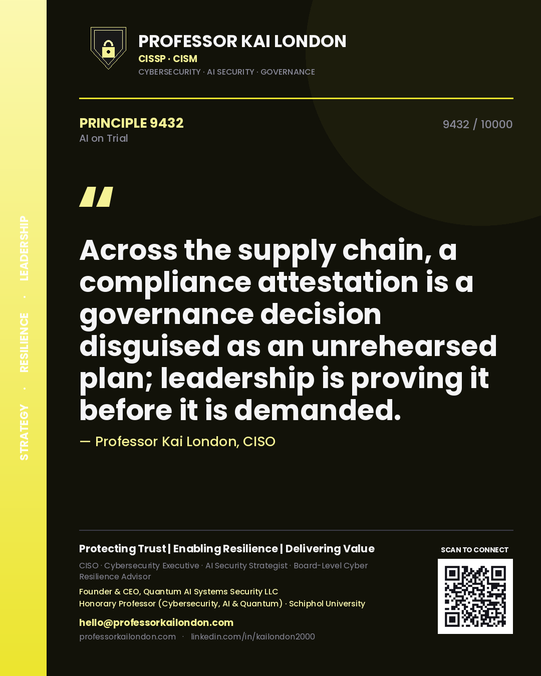 Quote card by Professor Kai London reading 'Across the supply chain, a compliance attestation is a governance decision disguised as an unrehearsed plan; leadership is proving it before it is demanded.'. From the book AI on Trial.