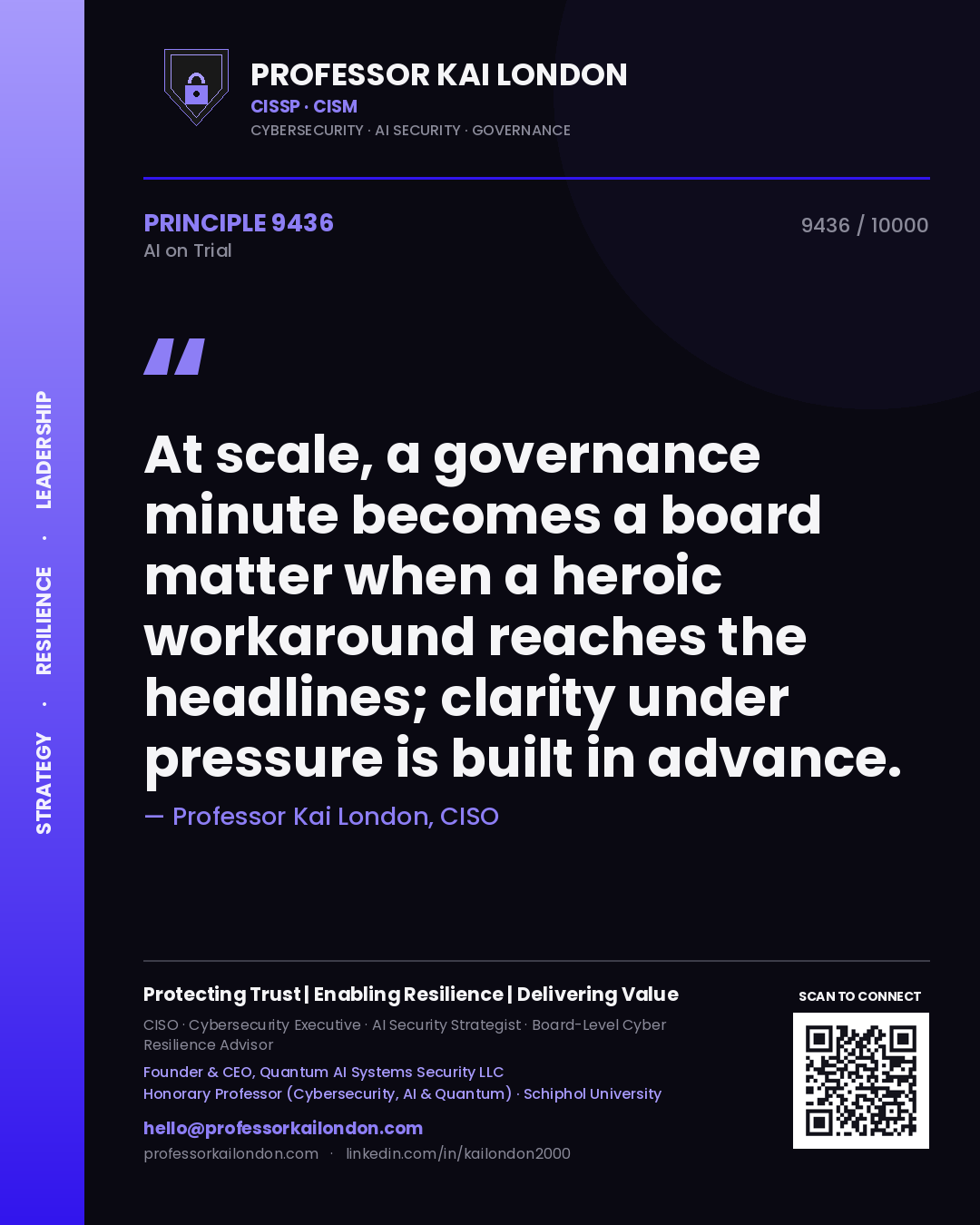 Quote card by Professor Kai London reading 'At scale, a governance minute becomes a board matter when a heroic workaround reaches the headlines; clarity under pressure is built in advance.'. From the book AI on Trial.