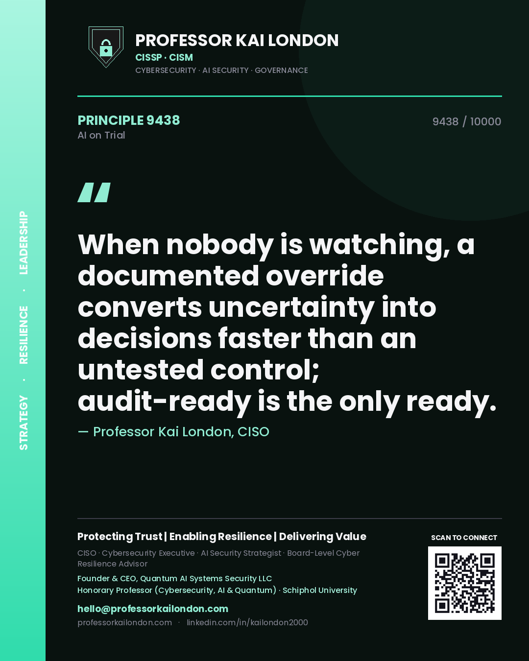 Quote card by Professor Kai London reading 'When nobody is watching, a documented override converts uncertainty into decisions faster than an untested control; audit-ready is the only ready.'. From the book AI on Trial.