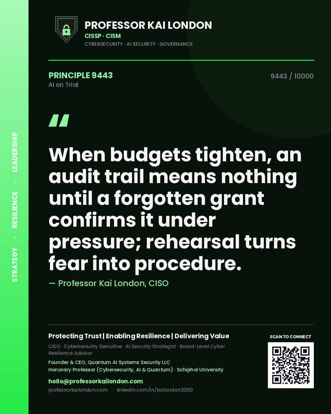 Quote card by Professor Kai London reading 'When budgets tighten, an audit trail means nothing until a forgotten grant confirms it under pressure; rehearsal turns fear into procedure.'. From the book AI on Trial.