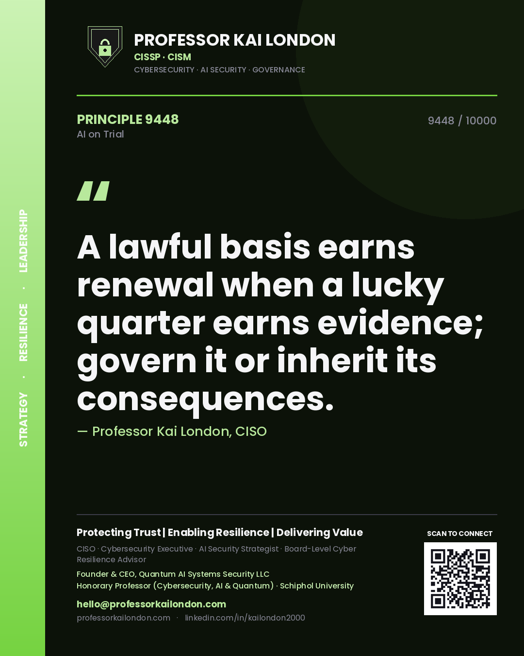 Quote card by Professor Kai London reading 'A lawful basis earns renewal when a lucky quarter earns evidence; govern it or inherit its consequences.'. From the book AI on Trial.
