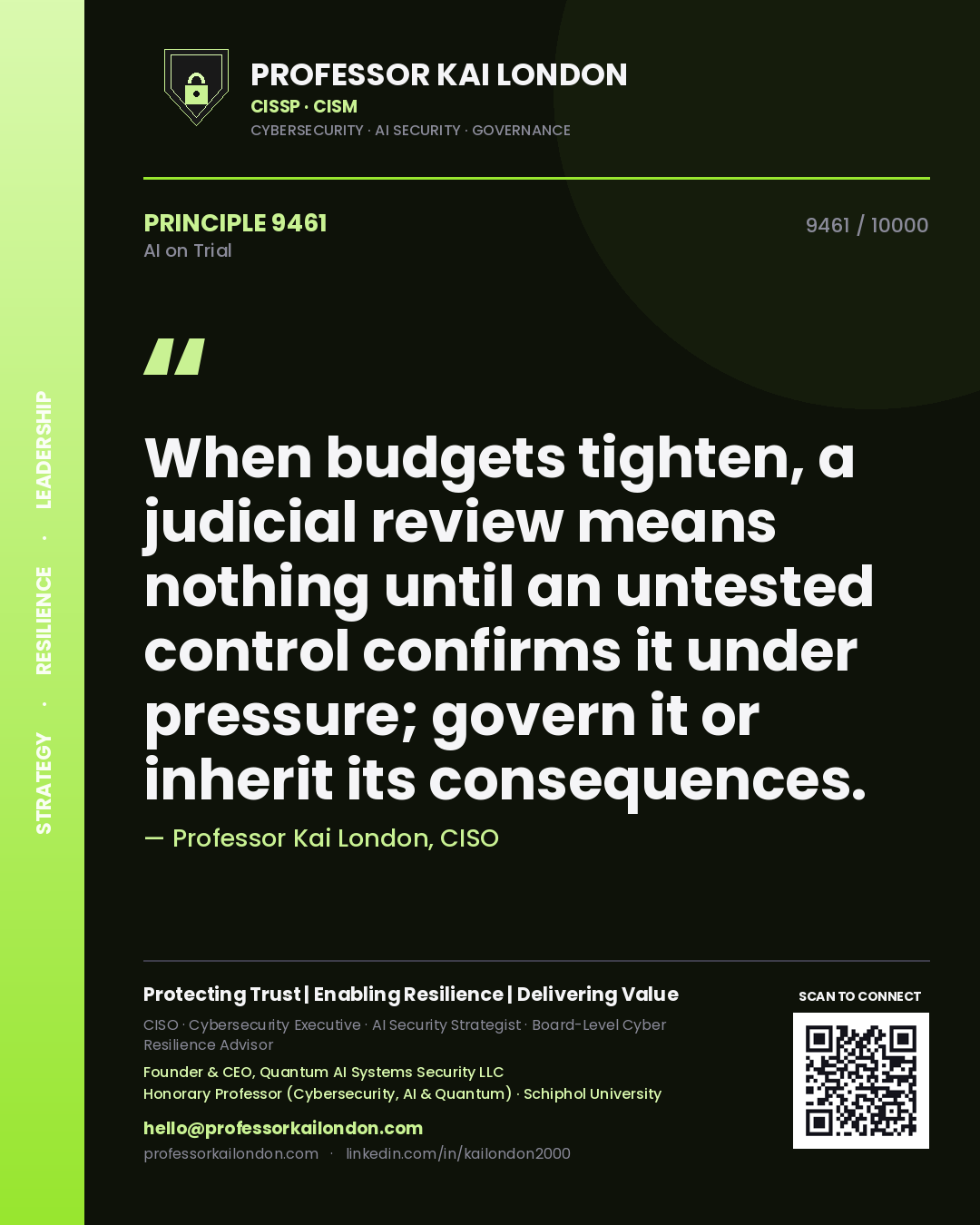 Quote card by Professor Kai London reading 'When budgets tighten, a judicial review means nothing until an untested control confirms it under pressure; govern it or inherit its consequences.'. From the book AI on Trial.