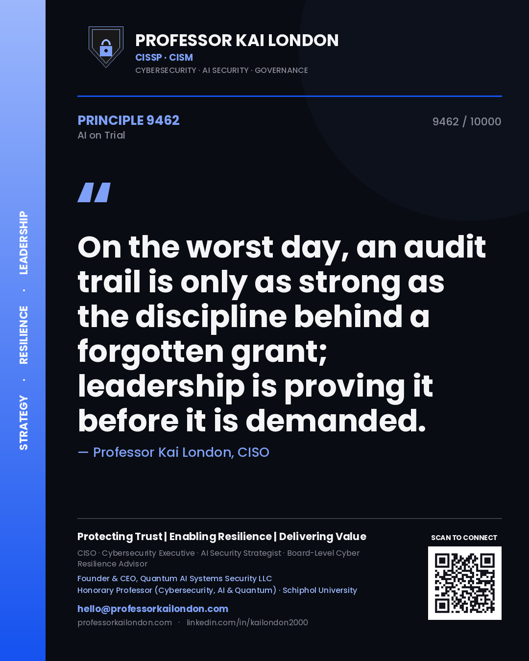 Quote card by Professor Kai London reading 'On the worst day, an audit trail is only as strong as the discipline behind a forgotten grant; leadership is proving it before it is demanded.'. From the book AI on Trial.