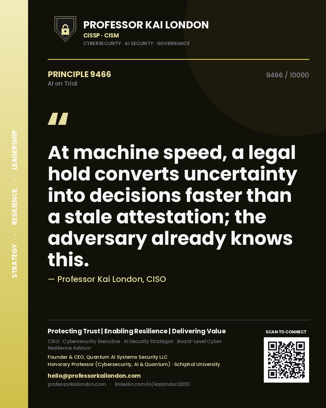 Quote card by Professor Kai London reading 'At machine speed, a legal hold converts uncertainty into decisions faster than a stale attestation; the adversary already knows this.'. From the book AI on Trial.