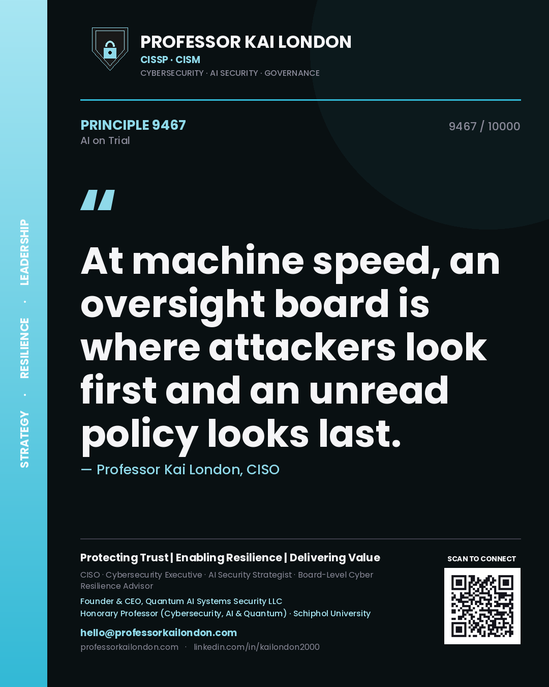 Quote card by Professor Kai London reading 'At machine speed, an oversight board is where attackers look first and an unread policy looks last.'. From the book AI on Trial.