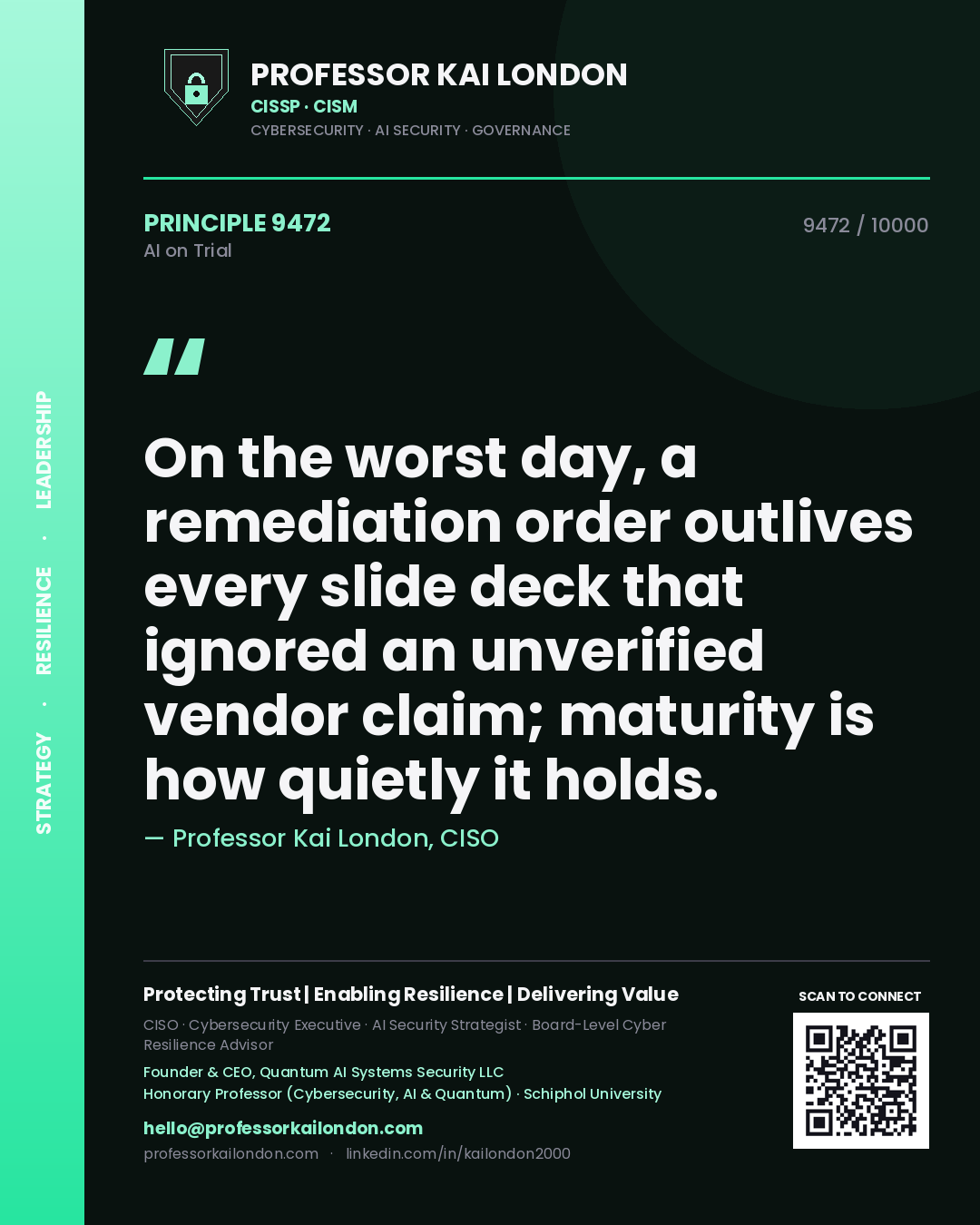 Quote card by Professor Kai London reading 'On the worst day, a remediation order outlives every slide deck that ignored an unverified vendor claim; maturity is how quietly it holds.'. From the book AI on Trial.