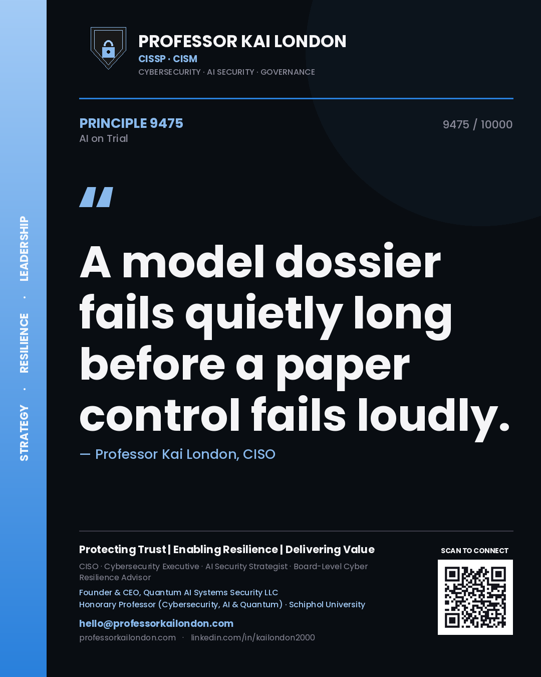 Quote card by Professor Kai London reading 'A model dossier fails quietly long before a paper control fails loudly.'. From the book AI on Trial.