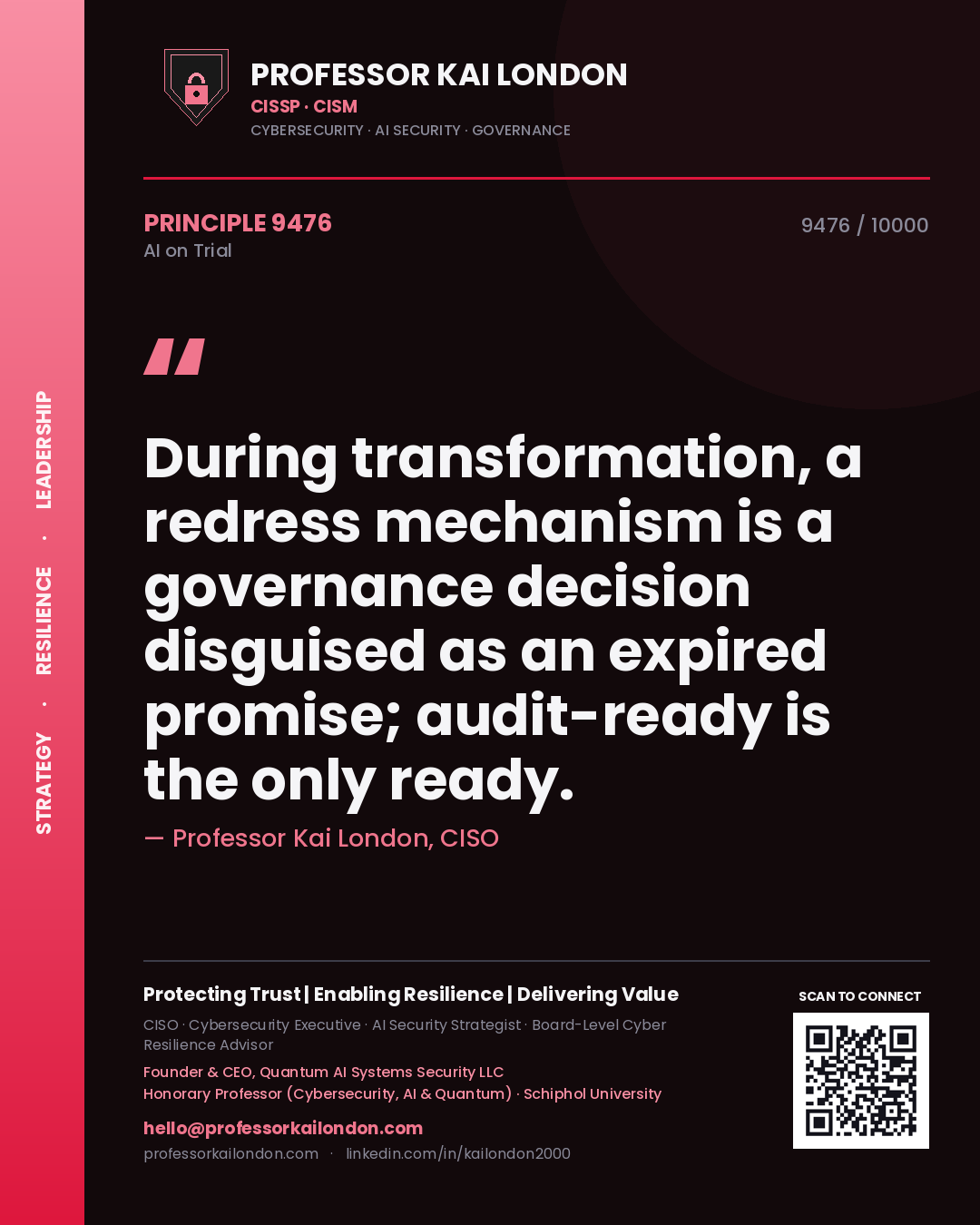 Quote card by Professor Kai London reading 'During transformation, a redress mechanism is a governance decision disguised as an expired promise; audit-ready is the only ready.'. From the book AI on Trial.