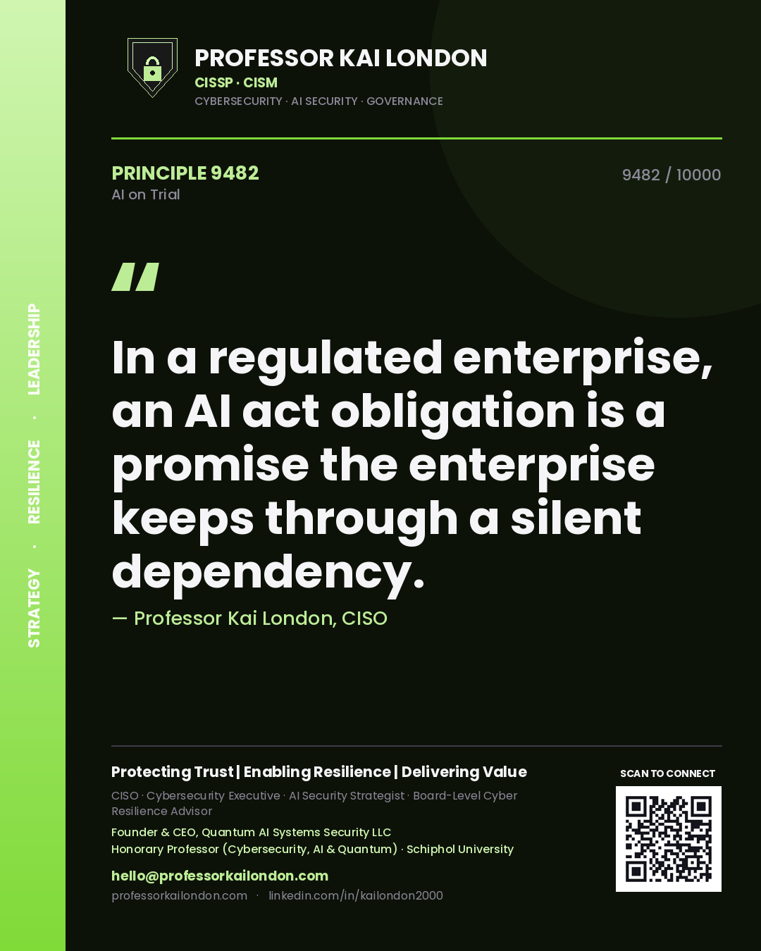 Quote card by Professor Kai London reading 'In a regulated enterprise, an AI act obligation is a promise the enterprise keeps through a silent dependency.'. From the book AI on Trial.