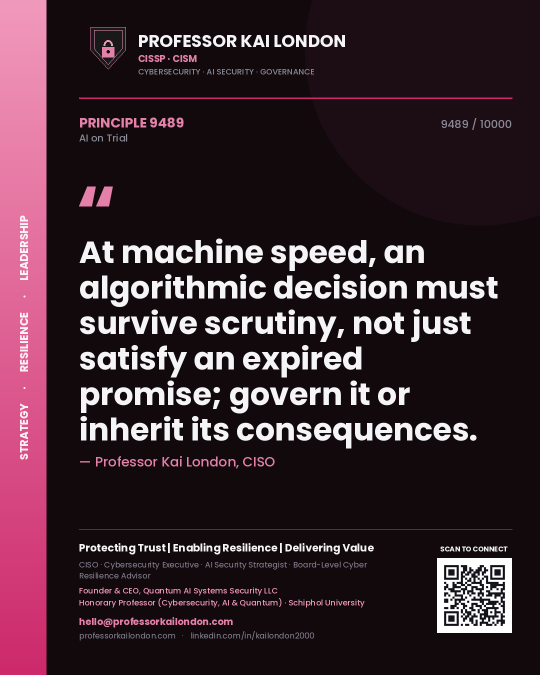 Quote card by Professor Kai London reading 'At machine speed, an algorithmic decision must survive scrutiny, not just satisfy an expired promise; govern it or inherit its consequences.'. From the book AI on Trial.