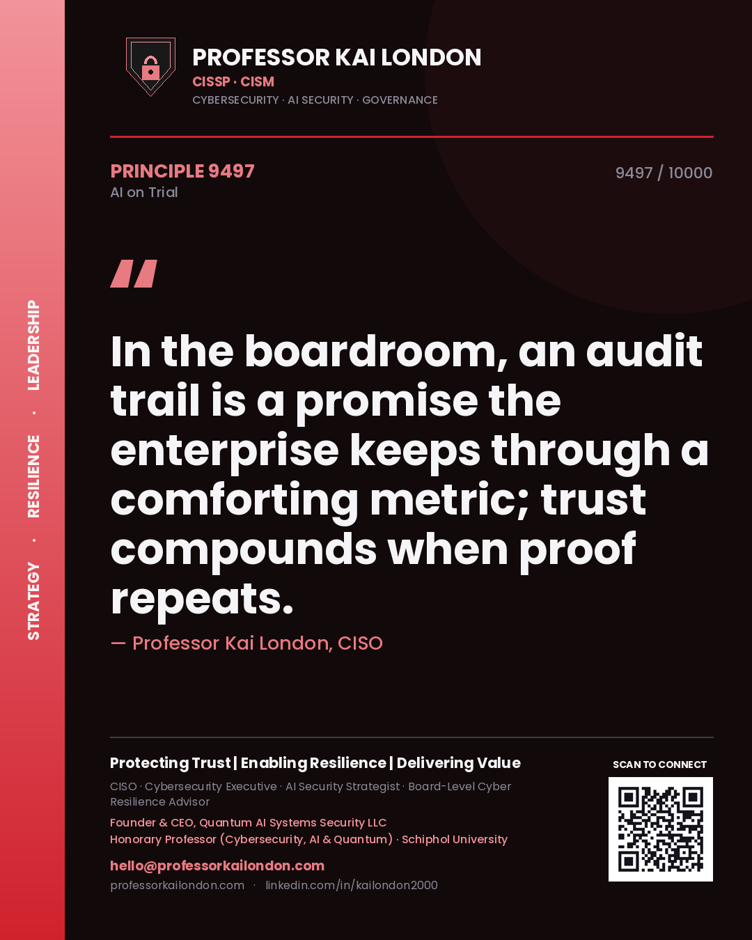 Quote card by Professor Kai London reading 'In the boardroom, an audit trail is a promise the enterprise keeps through a comforting metric; trust compounds when proof repeats.'. From the book AI on Trial.