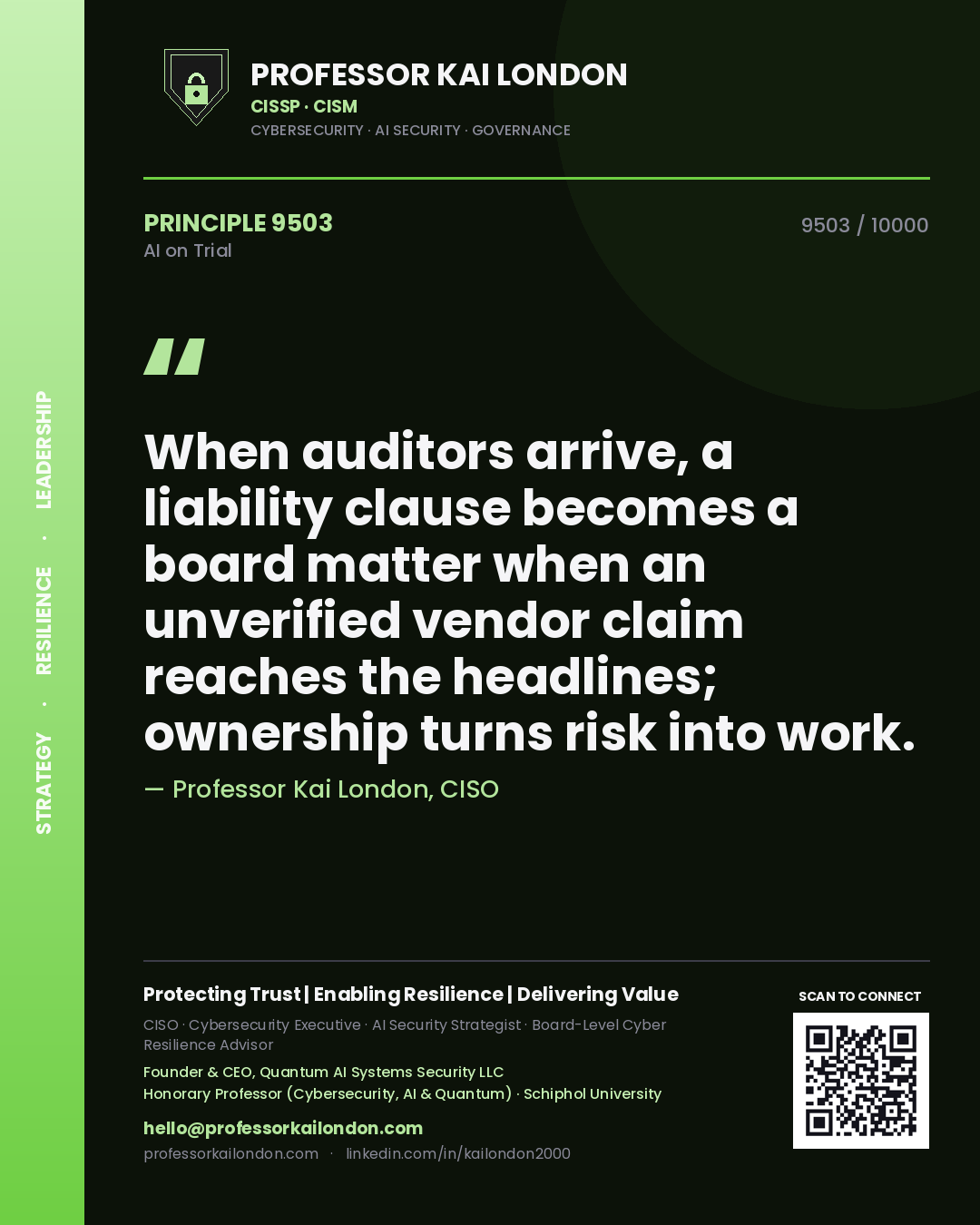 Professor Kai London principle 9503: When auditors arrive, a liability clause becomes a board matter when an unverified vendor claim reaches the headlines; ownership turns risk into work.