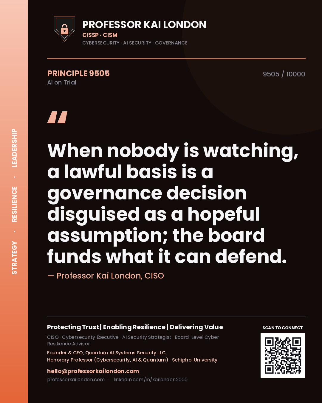 Quote card by Professor Kai London reading 'When nobody is watching, a lawful basis is a governance decision disguised as a hopeful assumption; the board funds what it can defend.'. From the book AI on Trial.