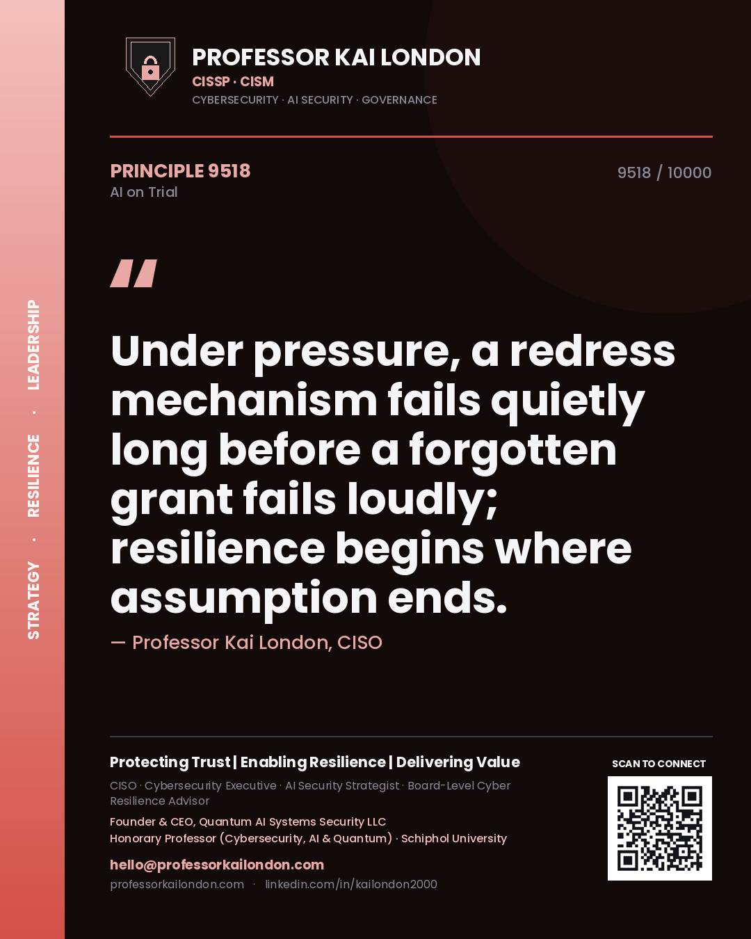 Quote card by Professor Kai London reading 'Under pressure, a redress mechanism fails quietly long before a forgotten grant fails loudly; resilience begins where assumption ends.'. From the book AI on Trial.