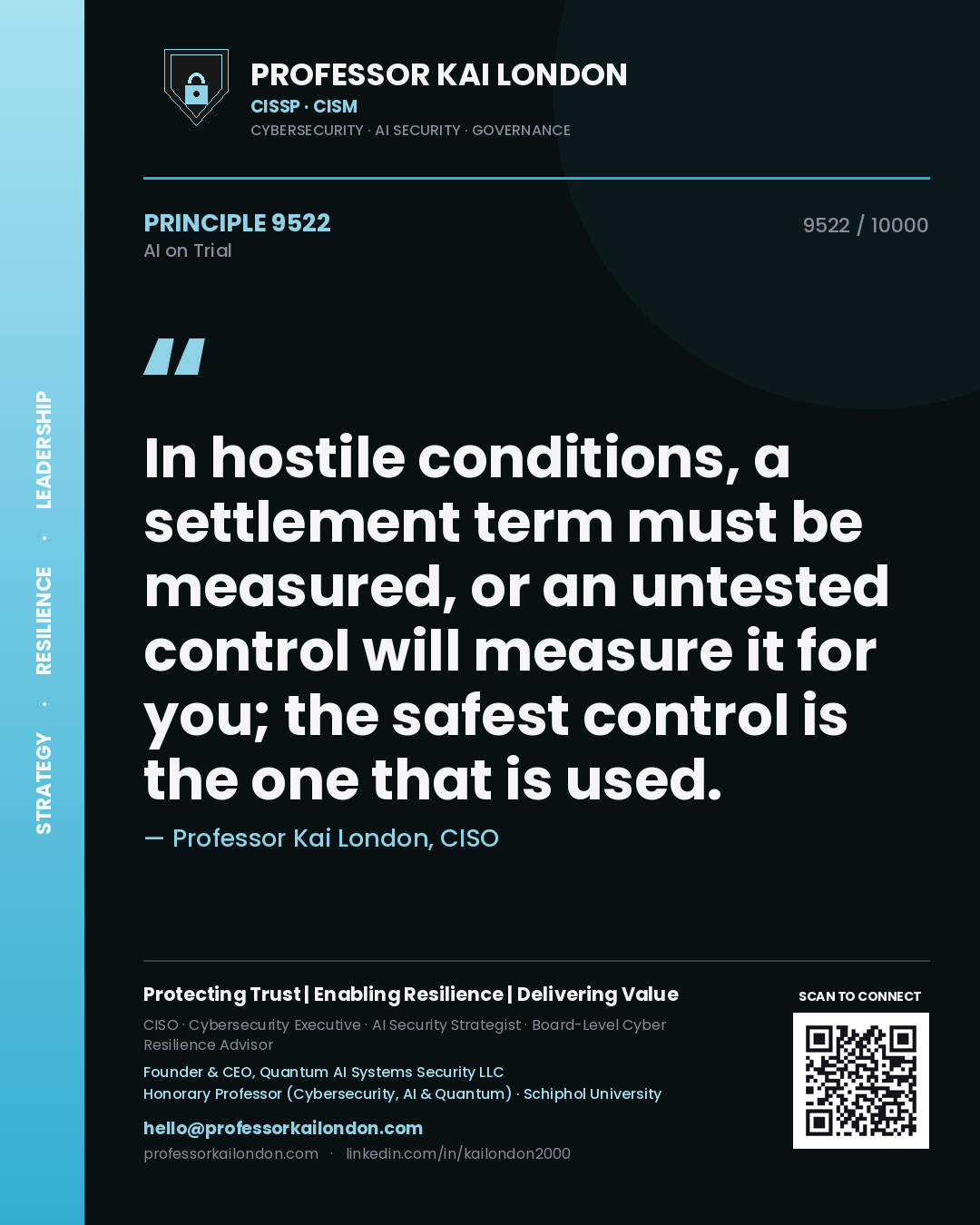 Quote card by Professor Kai London reading 'In hostile conditions, a settlement term must be measured, or an untested control will measure it for you; the safest control is the one that is used.'. From the book AI on Trial.