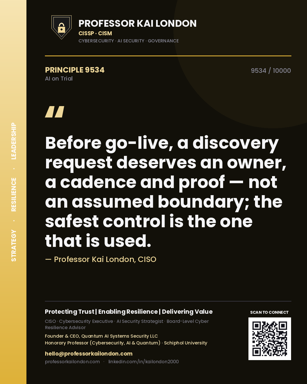 Professor Kai London principle 9534: Before go-live, a discovery request deserves an owner, a cadence and proof — not an assumed boundary; the safest control is the one that is used.