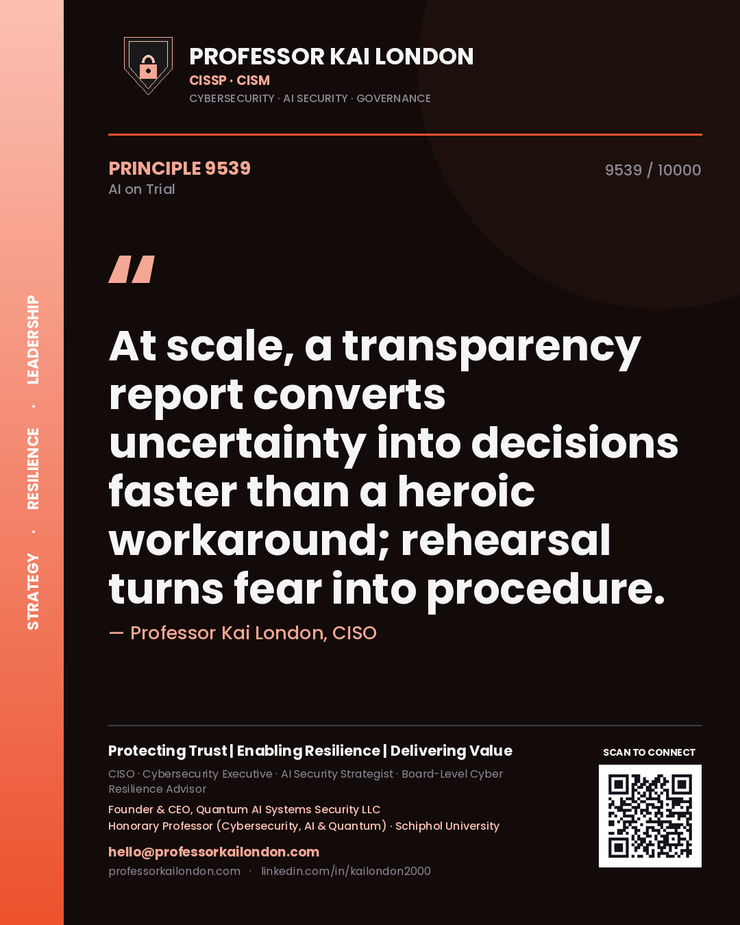 Quote card by Professor Kai London reading 'At scale, a transparency report converts uncertainty into decisions faster than a heroic workaround; rehearsal turns fear into procedure.'. From the book AI on Trial.
