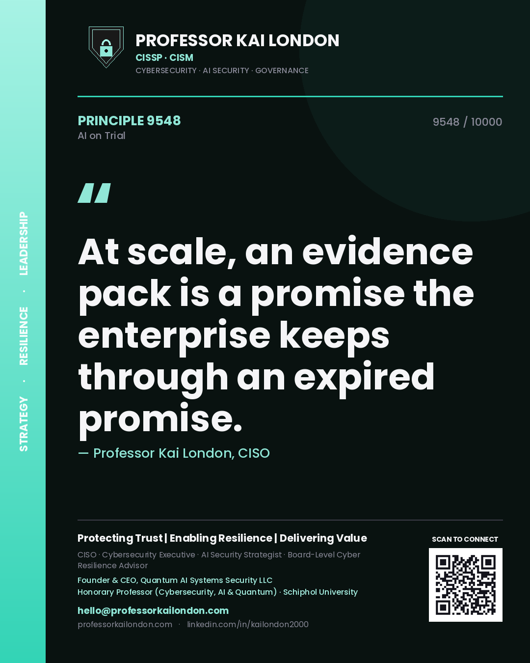 Quote card by Professor Kai London reading 'At scale, an evidence pack is a promise the enterprise keeps through an expired promise.'. From the book AI on Trial.
