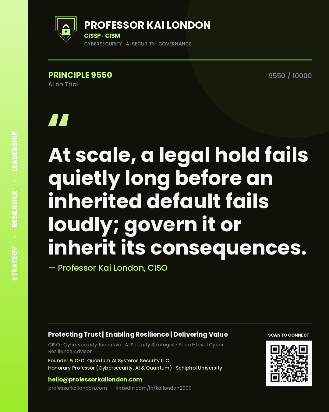 Quote card by Professor Kai London reading 'At scale, a legal hold fails quietly long before an inherited default fails loudly; govern it or inherit its consequences.'. From the book AI on Trial.