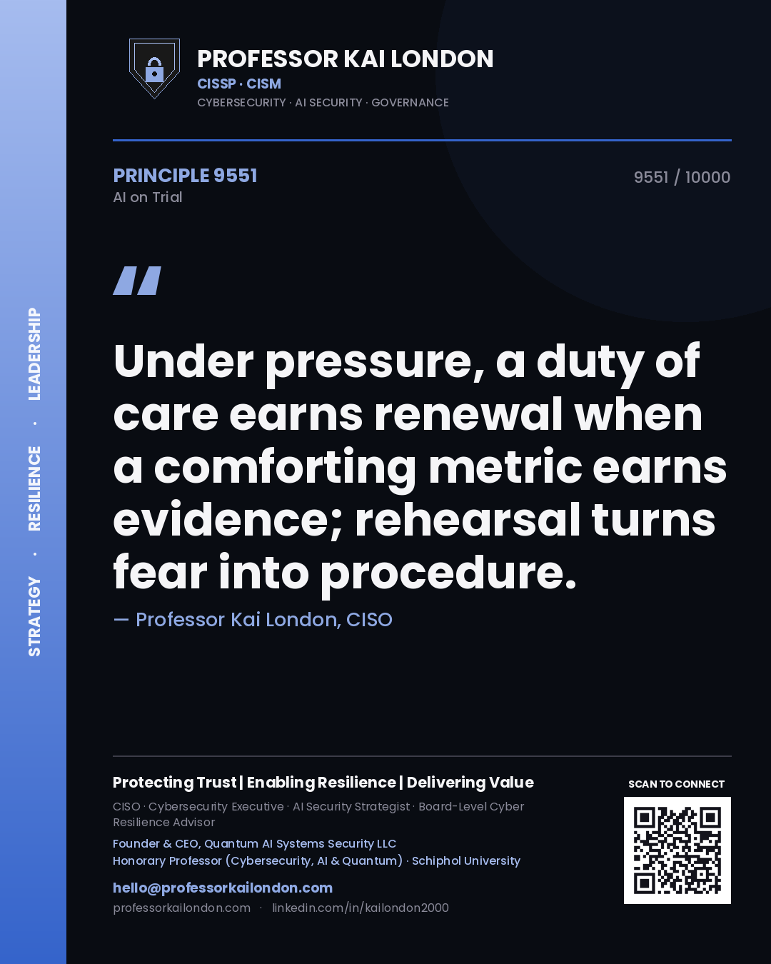 Quote card by Professor Kai London reading 'Under pressure, a duty of care earns renewal when a comforting metric earns evidence; rehearsal turns fear into procedure.'. From the book AI on Trial.