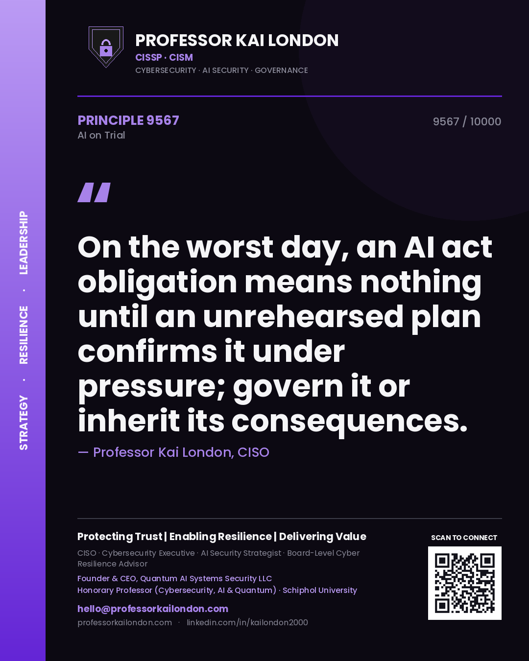 Quote card by Professor Kai London reading 'On the worst day, an AI act obligation means nothing until an unrehearsed plan confirms it under pressure; govern it or inherit its consequences.'. From the book AI on Trial.