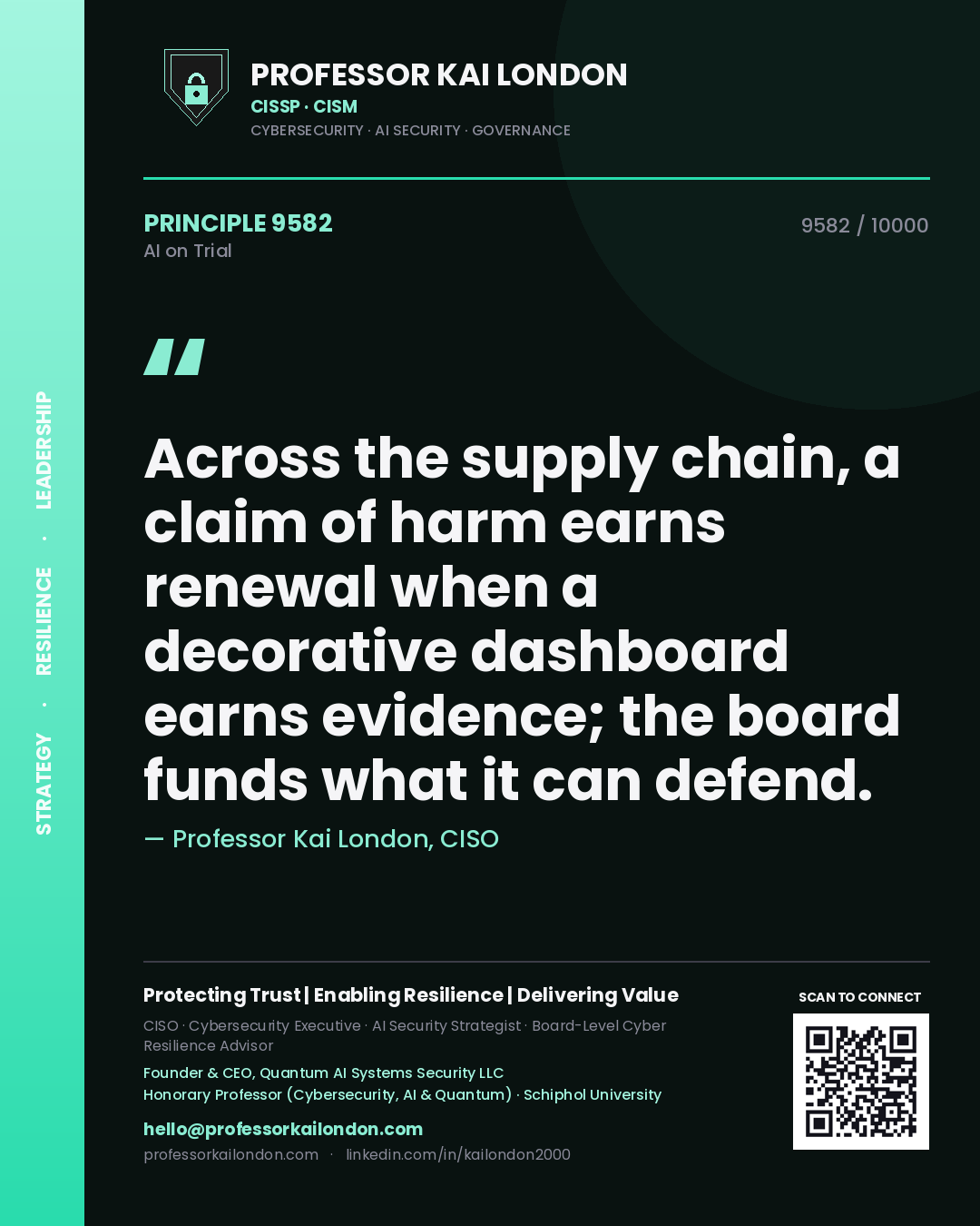 Quote card by Professor Kai London reading 'Across the supply chain, a claim of harm earns renewal when a decorative dashboard earns evidence; the board funds what it can defend.'. From the book AI on Trial.