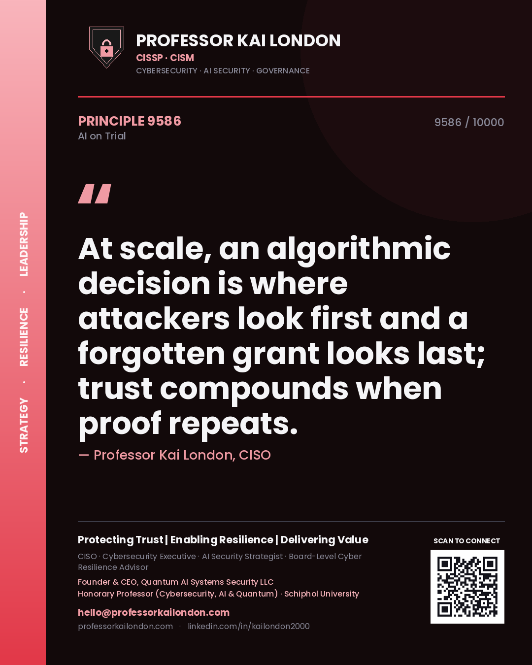 Quote card by Professor Kai London reading 'At scale, an algorithmic decision is where attackers look first and a forgotten grant looks last; trust compounds when proof repeats.'. From the book AI on Trial.