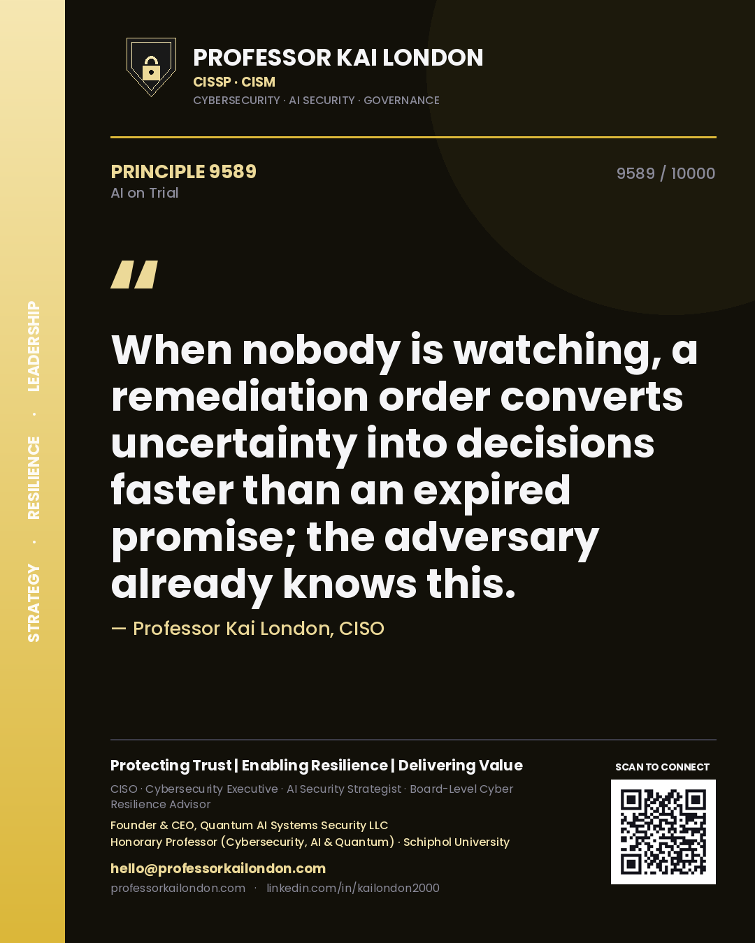 Professor Kai London principle 9589: When nobody is watching, a remediation order converts uncertainty into decisions faster than an expired promise; the adversary already knows this.