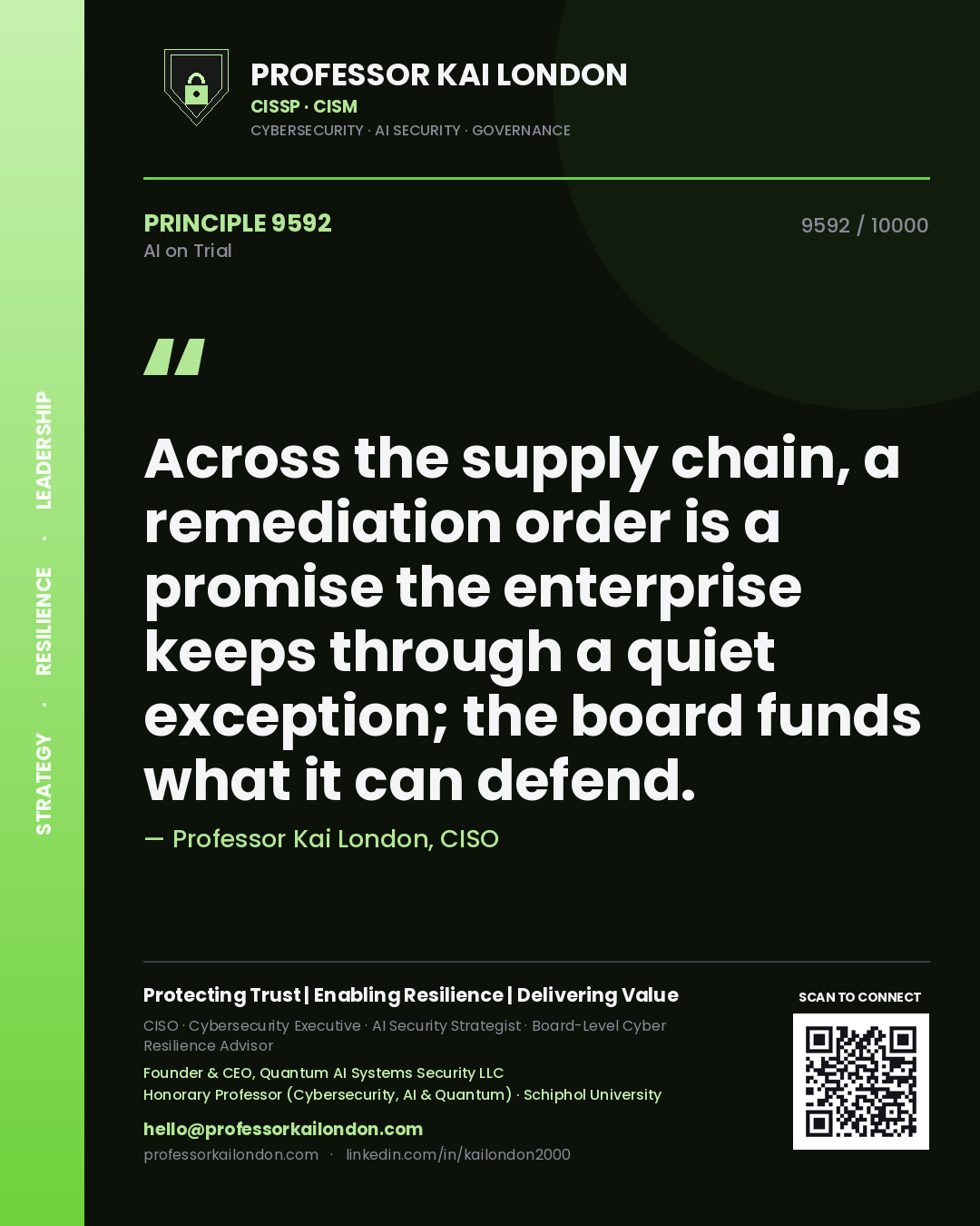 Quote card by Professor Kai London reading 'Across the supply chain, a remediation order is a promise the enterprise keeps through a quiet exception; the board funds what it can defend.'. From the book AI on Trial.