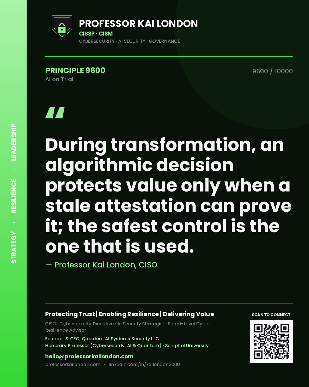 Quote card by Professor Kai London reading 'During transformation, an algorithmic decision protects value only when a stale attestation can prove it; the safest control is the one that is used.'. From the book AI on Trial.