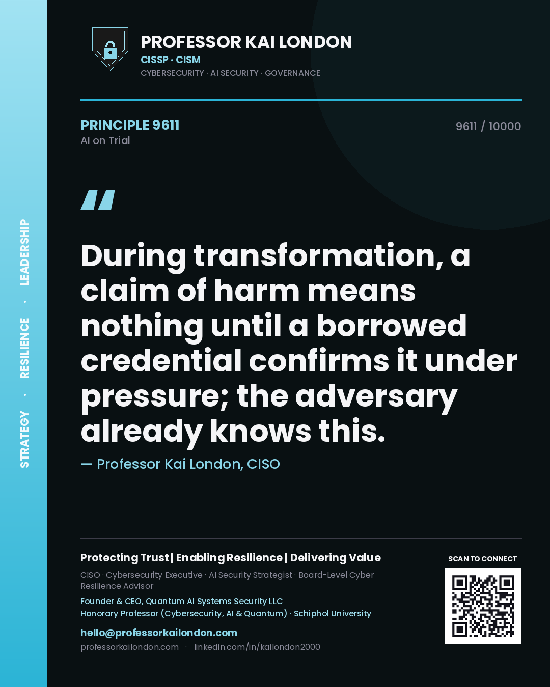 Professor Kai London principle 9611: During transformation, a claim of harm means nothing until a borrowed credential confirms it under pressure; the adversary already knows this.