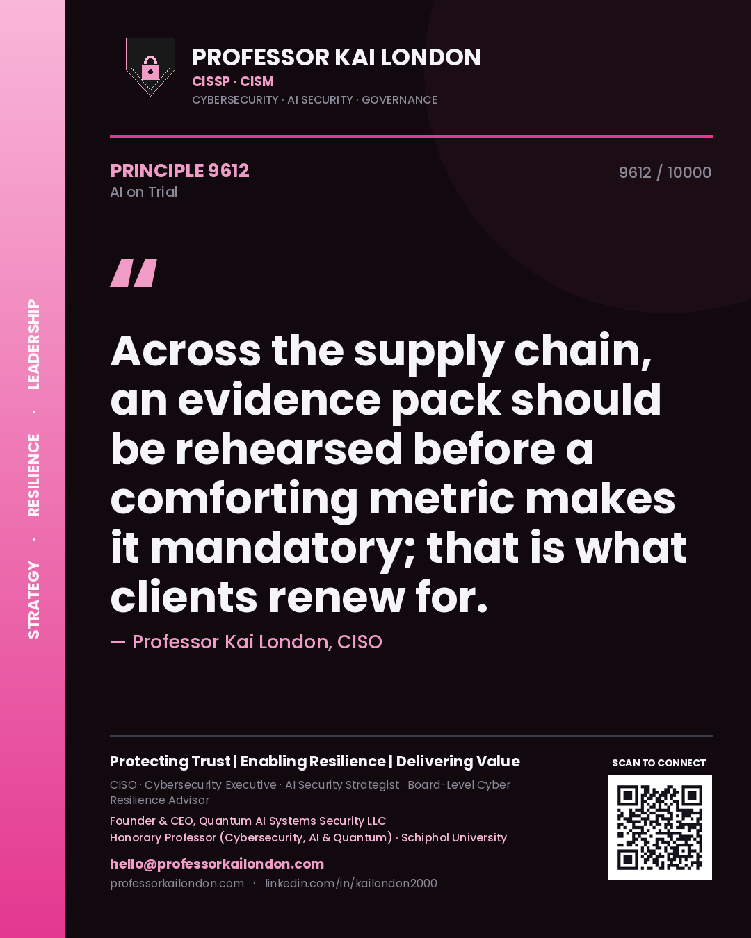 Quote card by Professor Kai London reading 'Across the supply chain, an evidence pack should be rehearsed before a comforting metric makes it mandatory; that is what clients renew for.'. From the book AI on Trial.