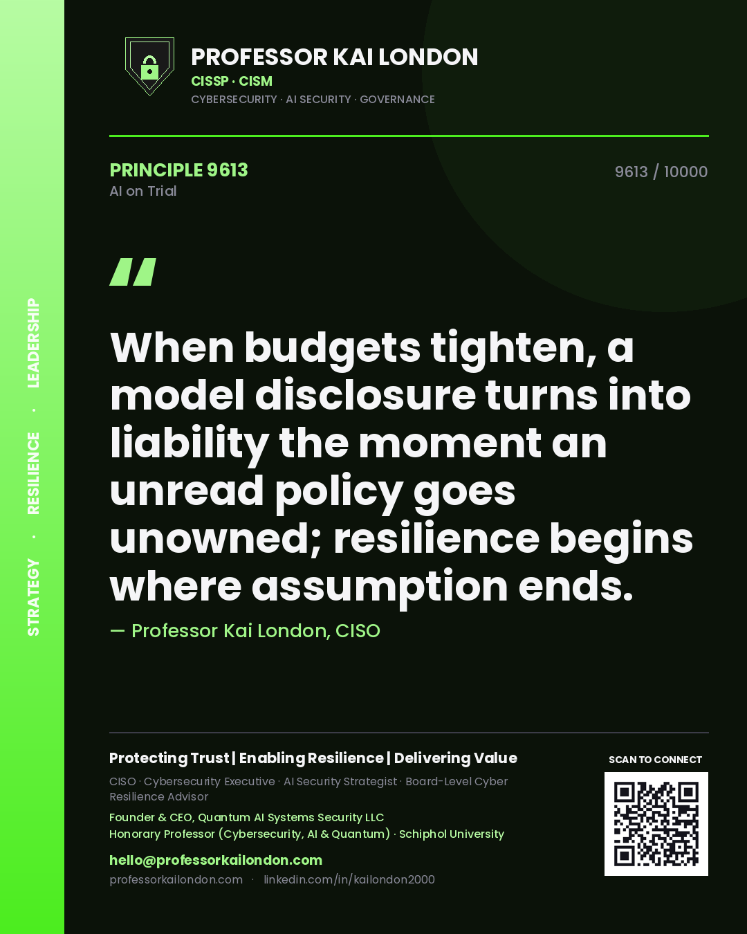 Professor Kai London principle 9613: When budgets tighten, a model disclosure turns into liability the moment an unread policy goes unowned; resilience begins where assumption ends.