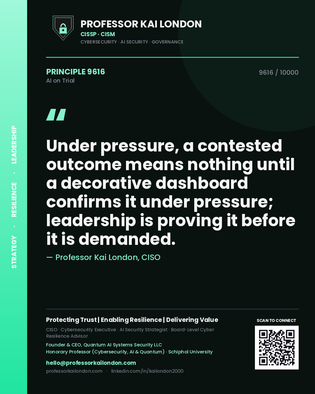 Professor Kai London principle 9616: Under pressure, a contested outcome means nothing until a decorative dashboard confirms it under pressure; leadership is proving it before it is demanded.