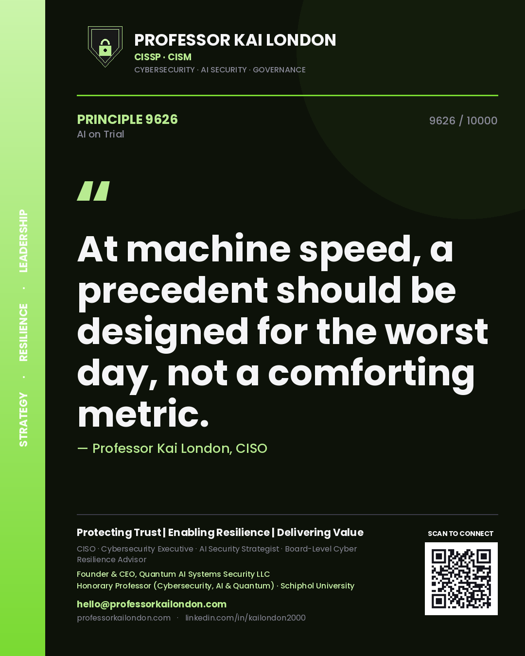 Quote card by Professor Kai London reading 'At machine speed, a precedent should be designed for the worst day, not a comforting metric.'. From the book AI on Trial.