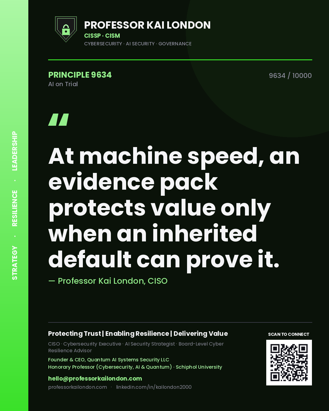 Professor Kai London principle 9634: At machine speed, an evidence pack protects value only when an inherited default can prove it.